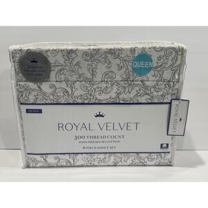 Royal Velvet 6PC QUEEN Sheet Set White Grey Paisley Print 100% Cotton